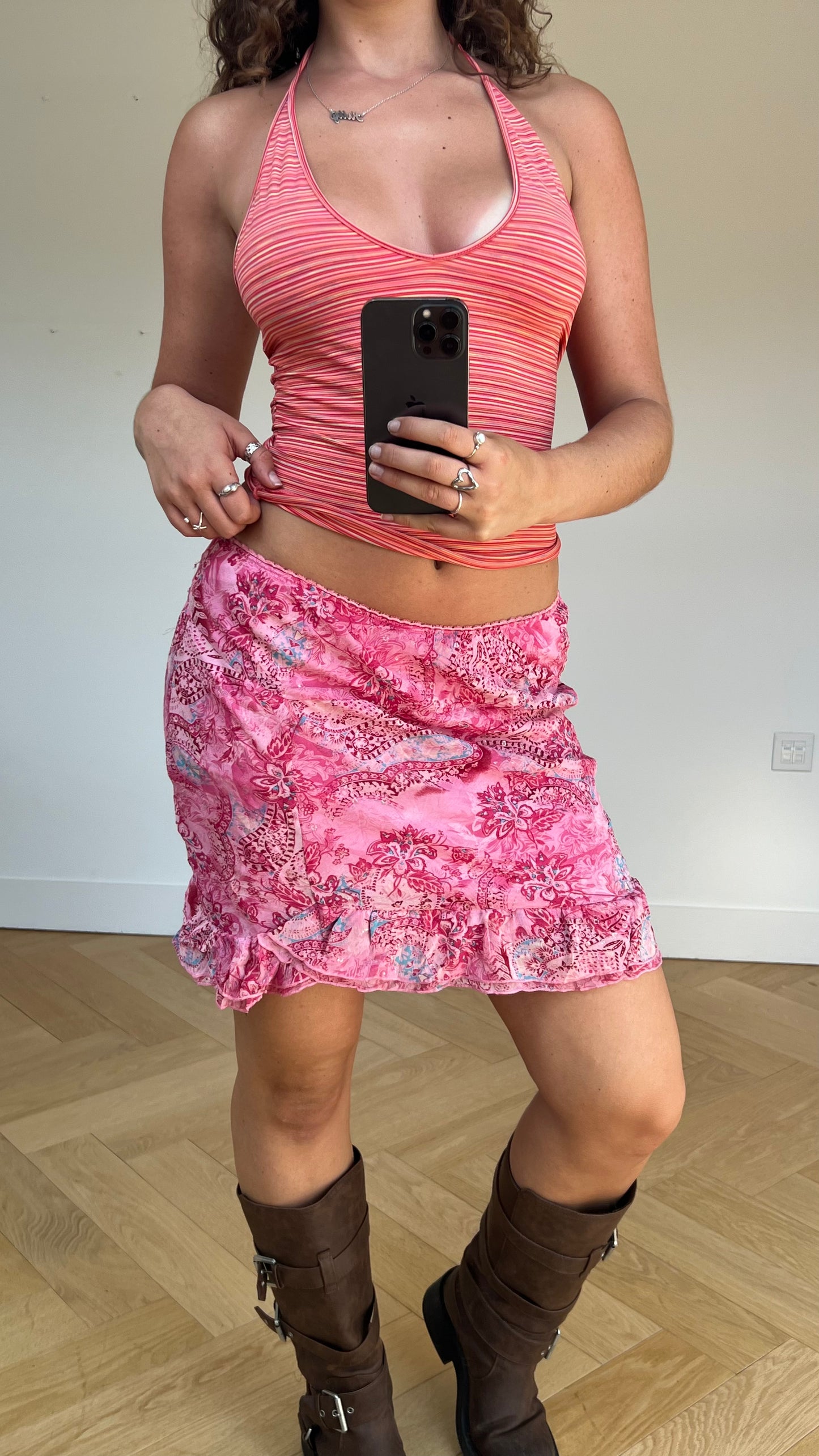 00s pink paisley mini skirt- size M