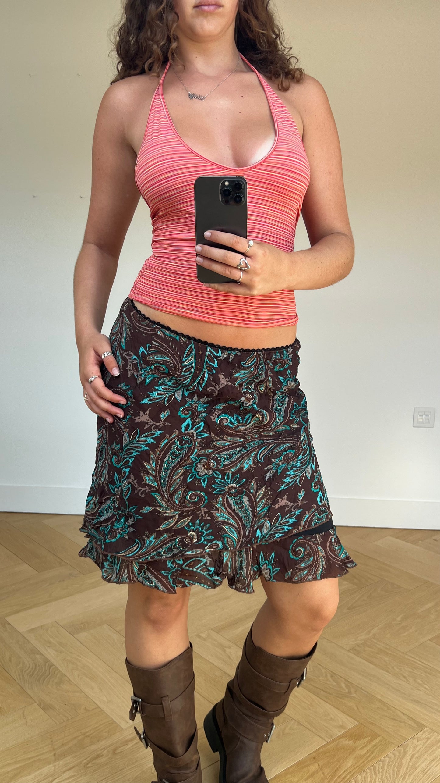 00s brown paisley midi skirt- size S