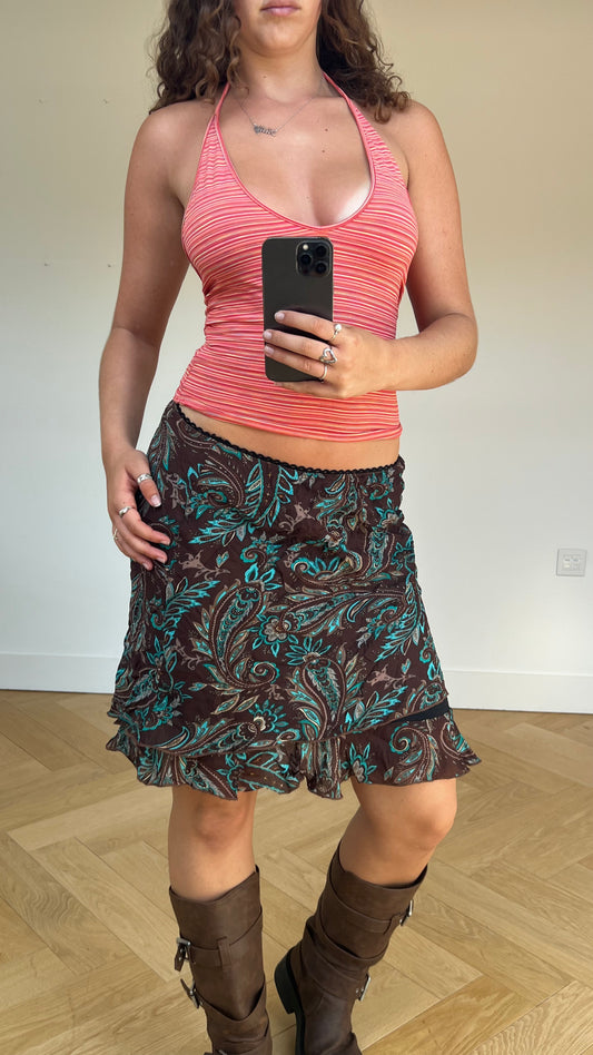 00s brown paisley midi skirt- size S