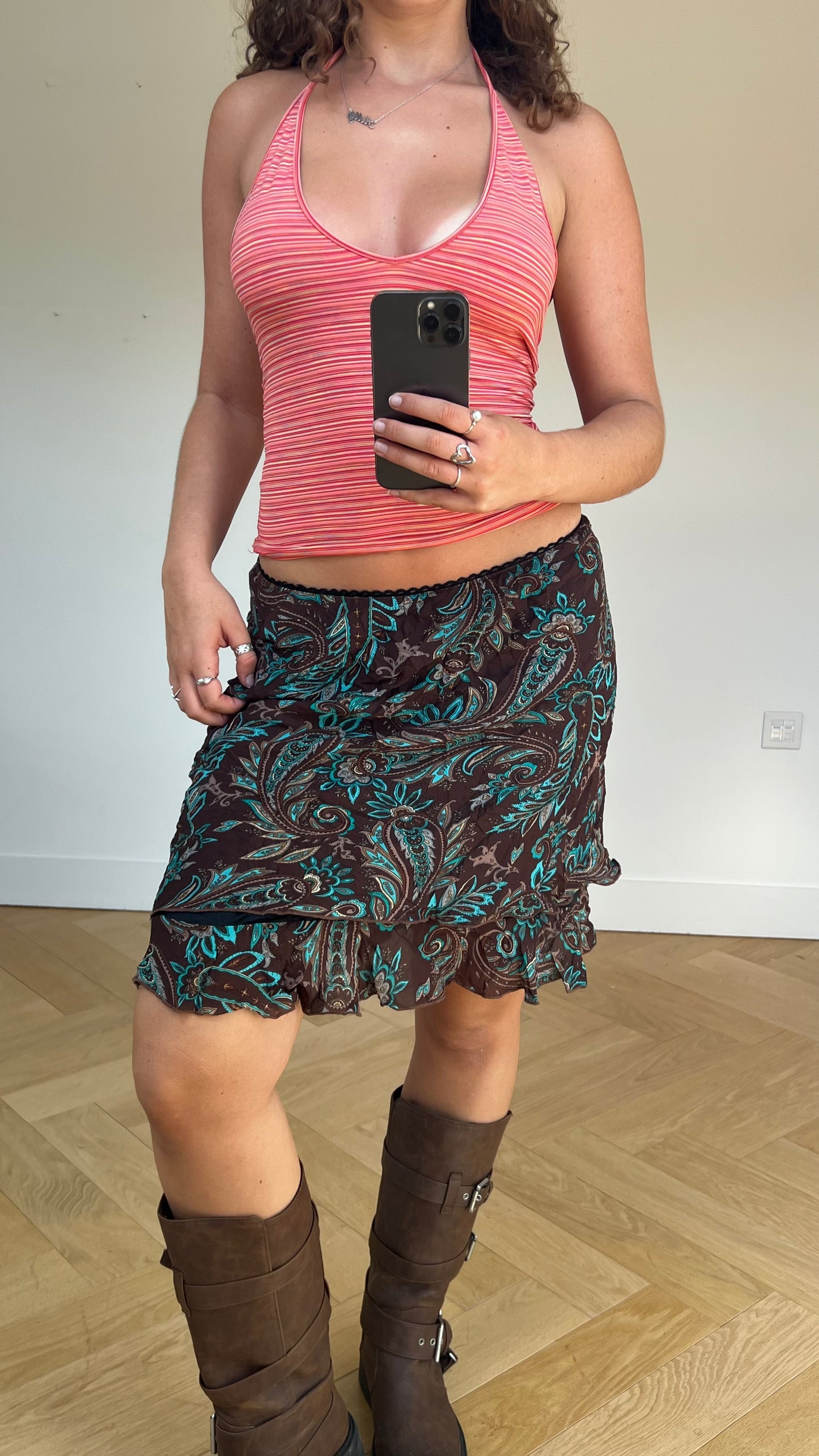 00s brown paisley midi skirt- size S