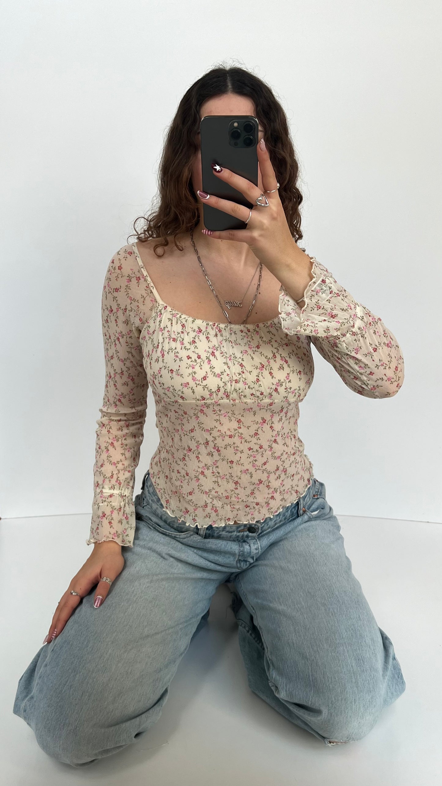 00s white floral mesh top- size S
