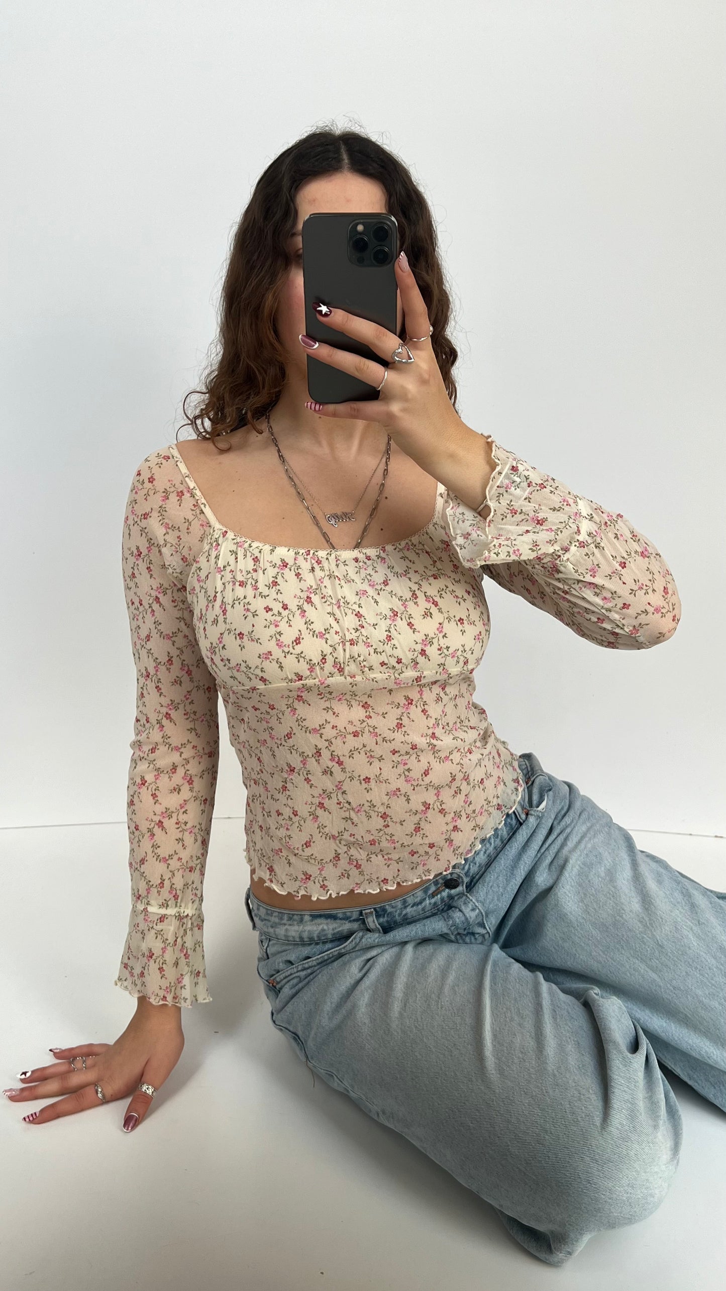 00s white floral mesh top- size S