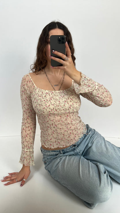 00s white floral mesh top- size S