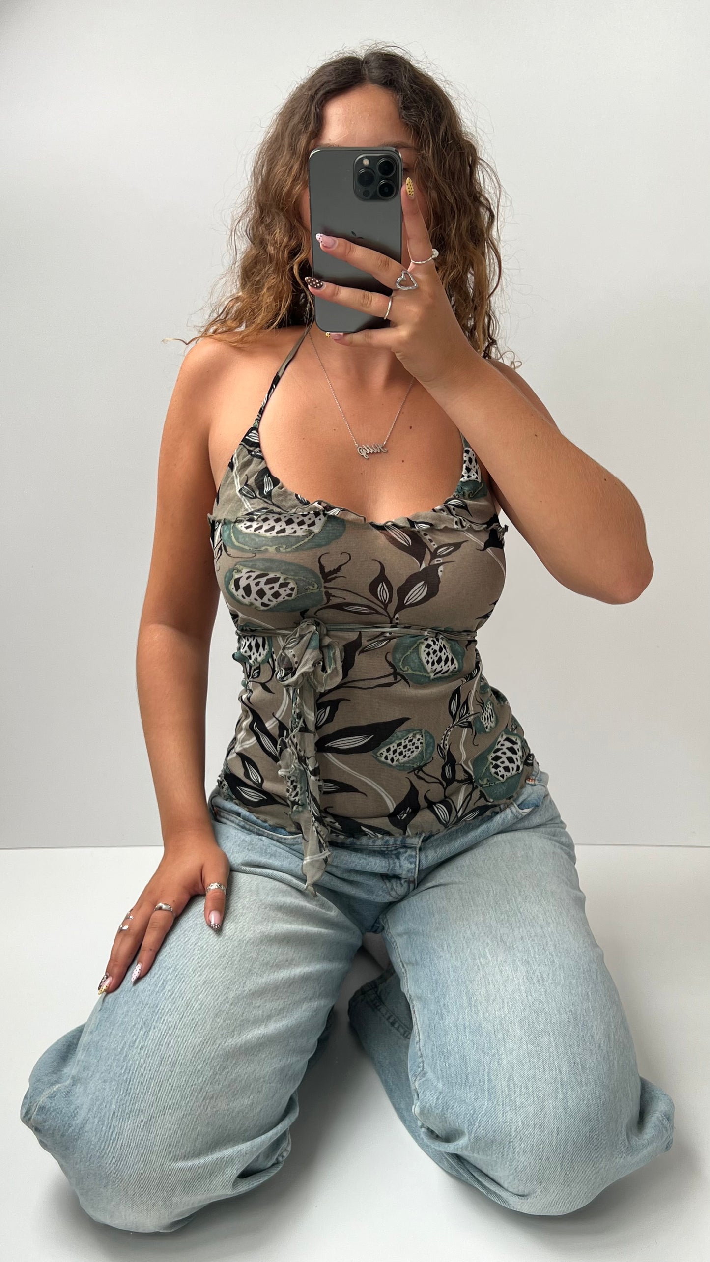 00s khaki patterned mesh cami- size S