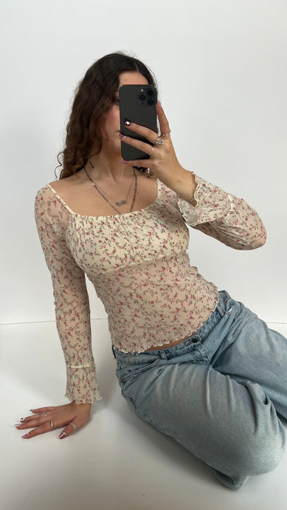 00s white floral mesh top- size S