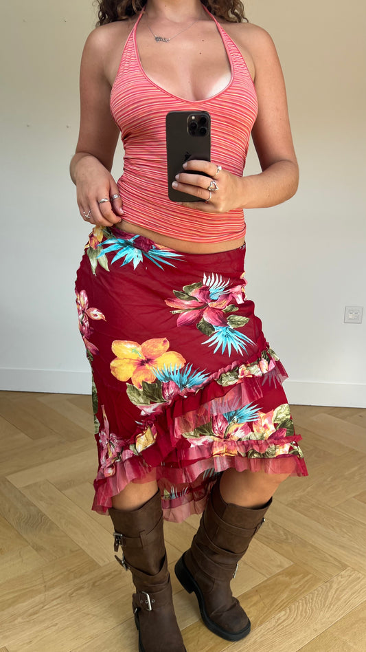 00s red floral mesh skirt- size S