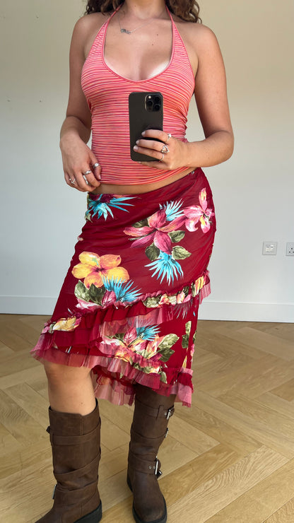00s red floral mesh skirt- size S