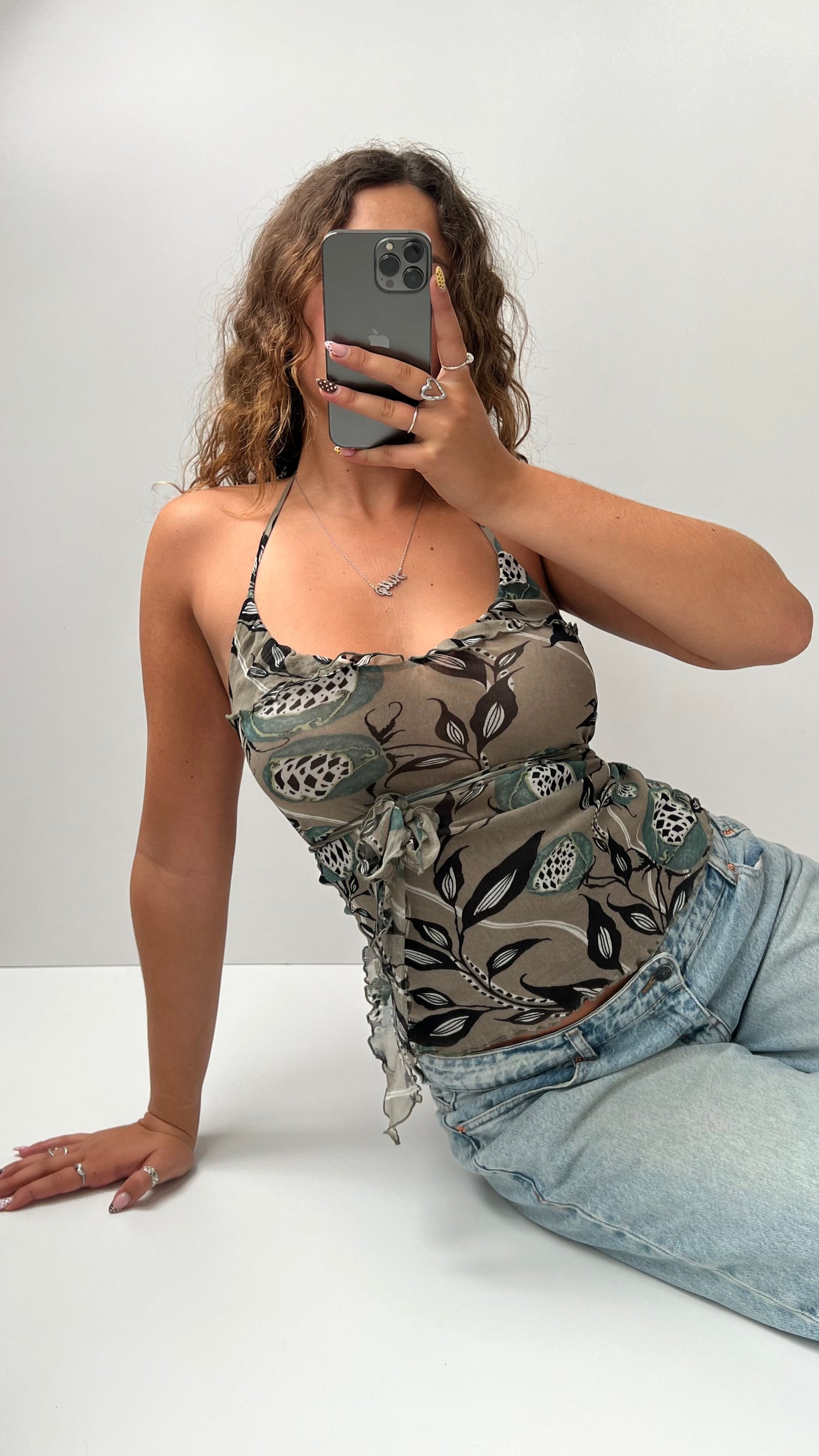 00s khaki patterned mesh cami- size S