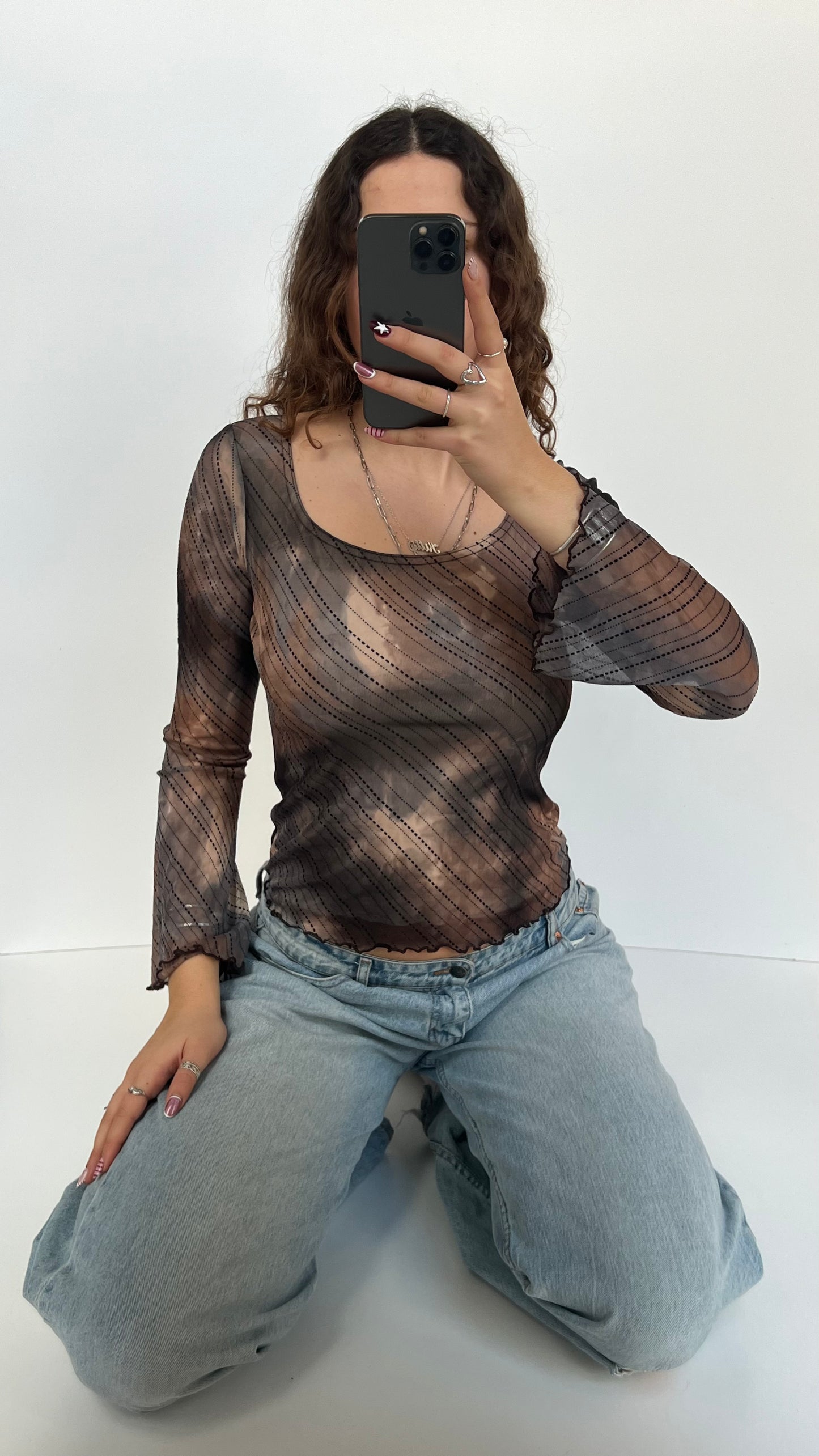 00s brown mesh long sleeve top- size M