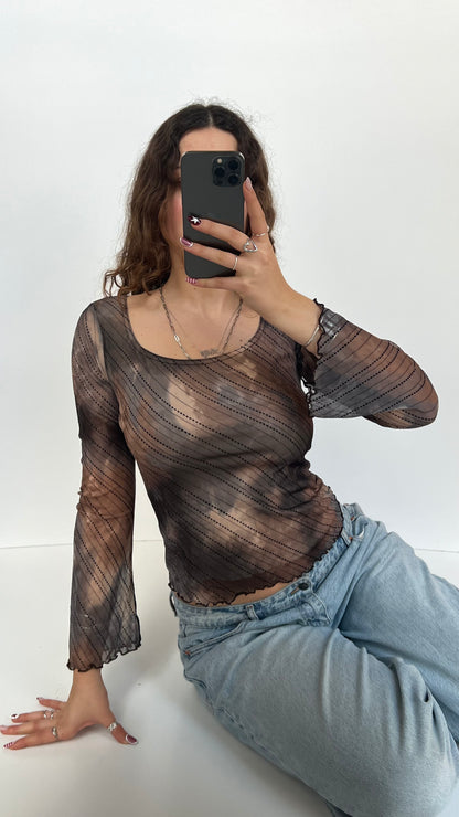 00s brown mesh long sleeve top- size M