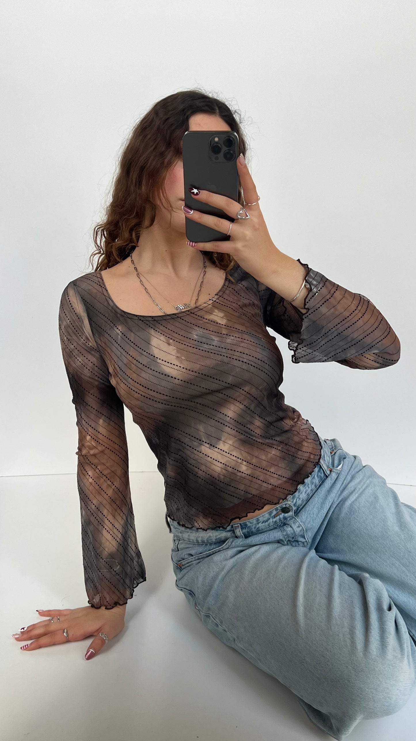 00s brown mesh long sleeve top- size M