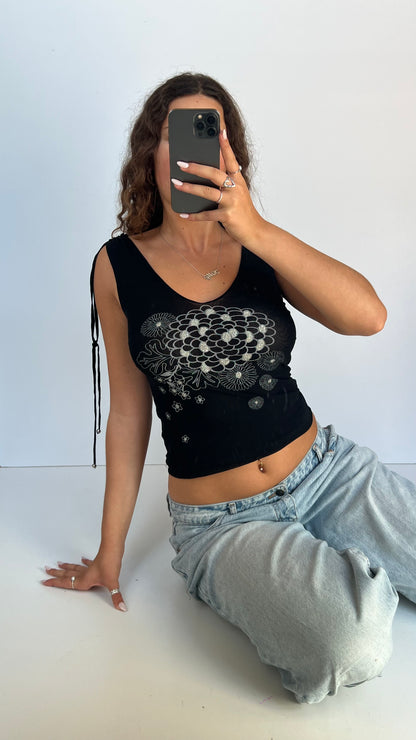 00s black mesh floral tank top- size S