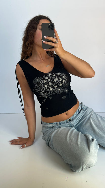 00s black mesh floral tank top- size S