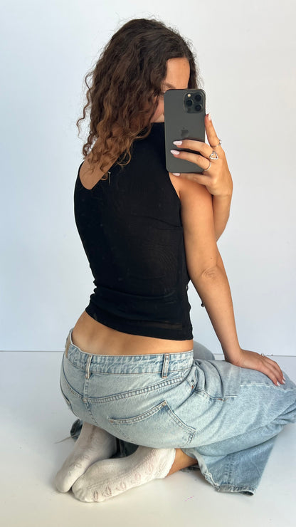 00s black mesh floral tank top- size S