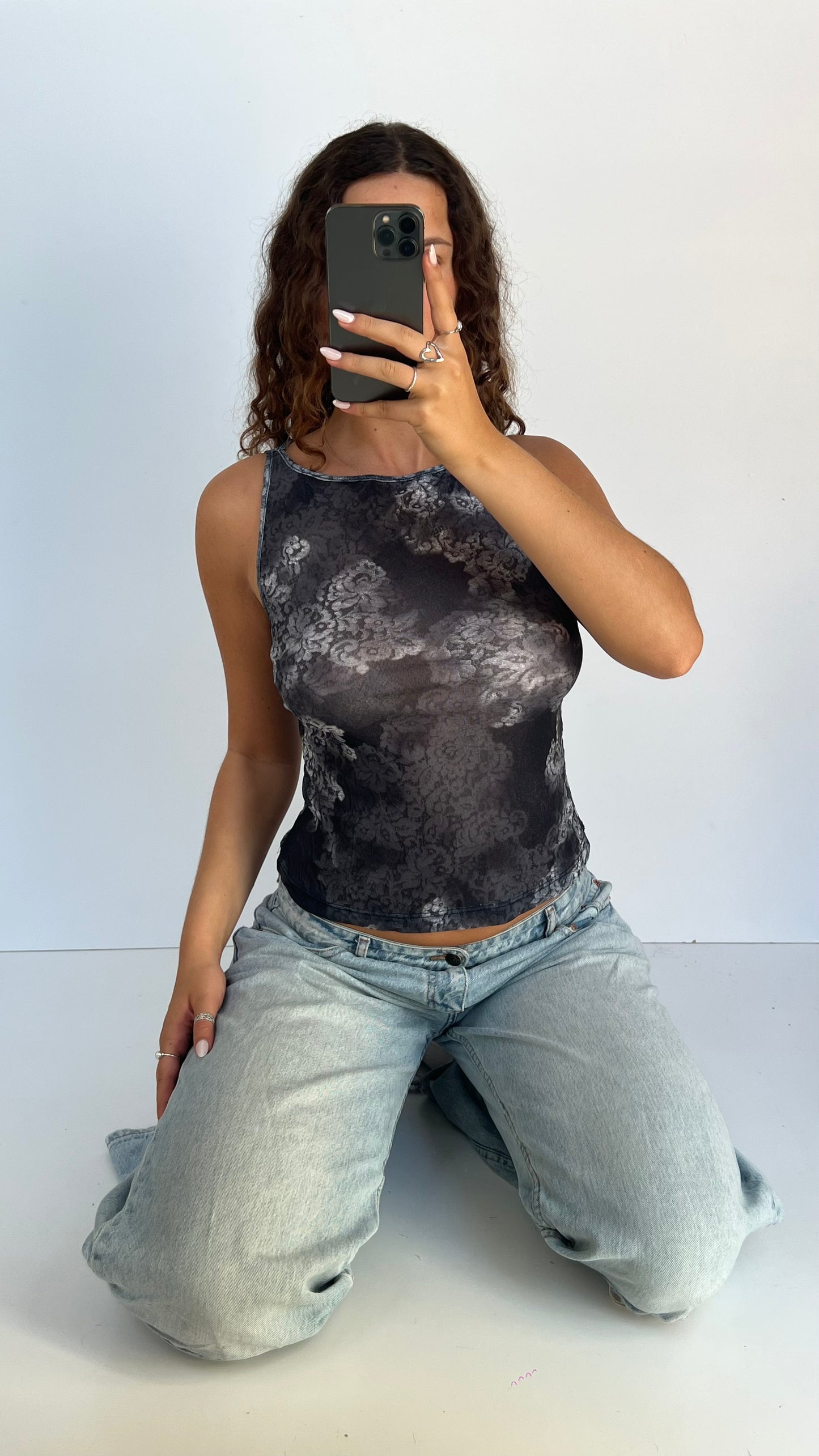 00s grey black mesh tank top- size M