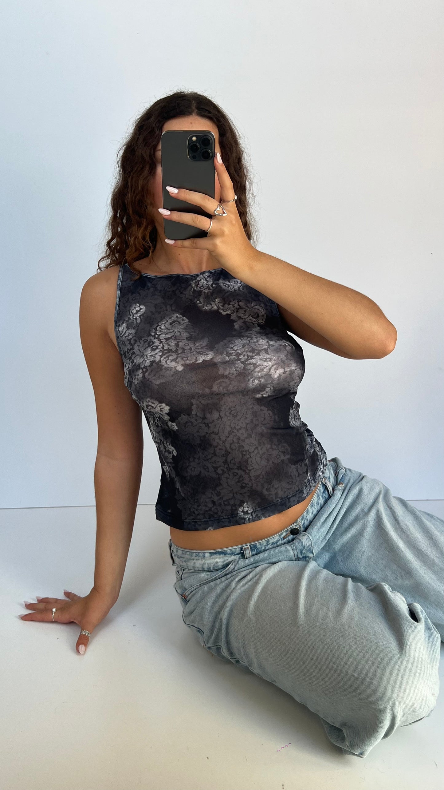 00s grey black mesh tank top- size M