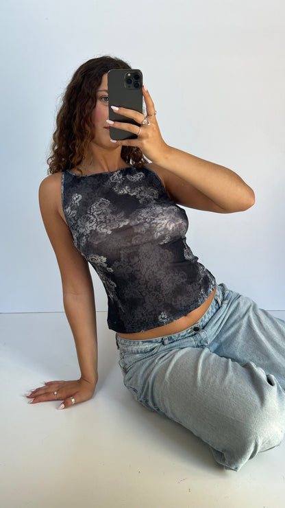 00s grey black mesh tank top- size M