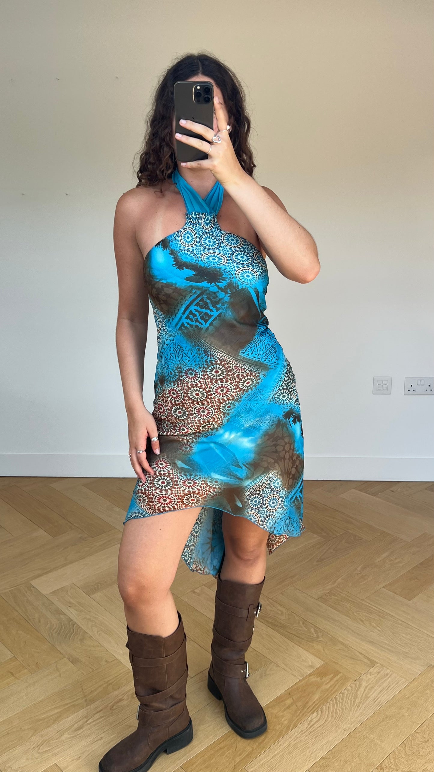 00s blue brown mesh midi dress- size S/M