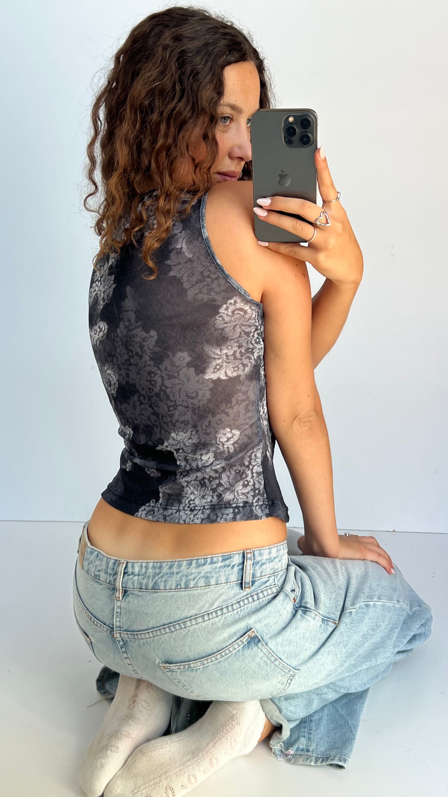 00s grey black mesh tank top- size M