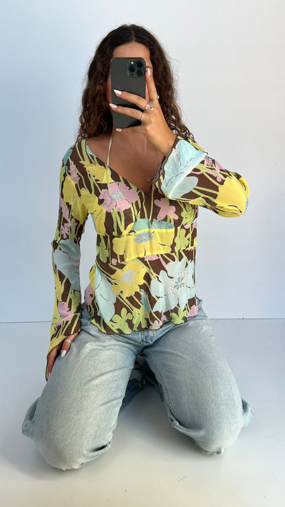 00s brown floral mesh top- size XL