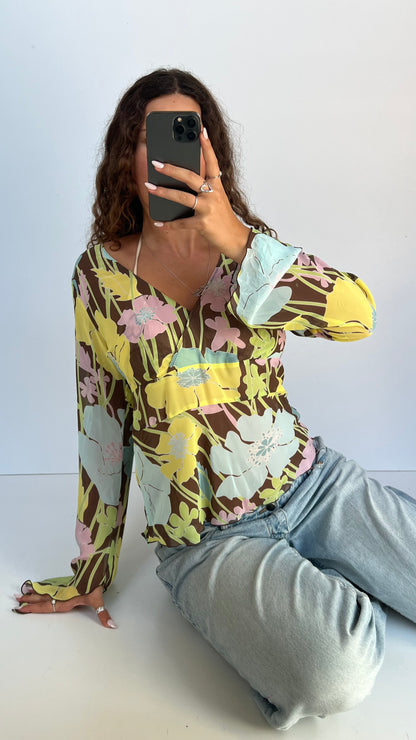 00s brown floral mesh top- size XL