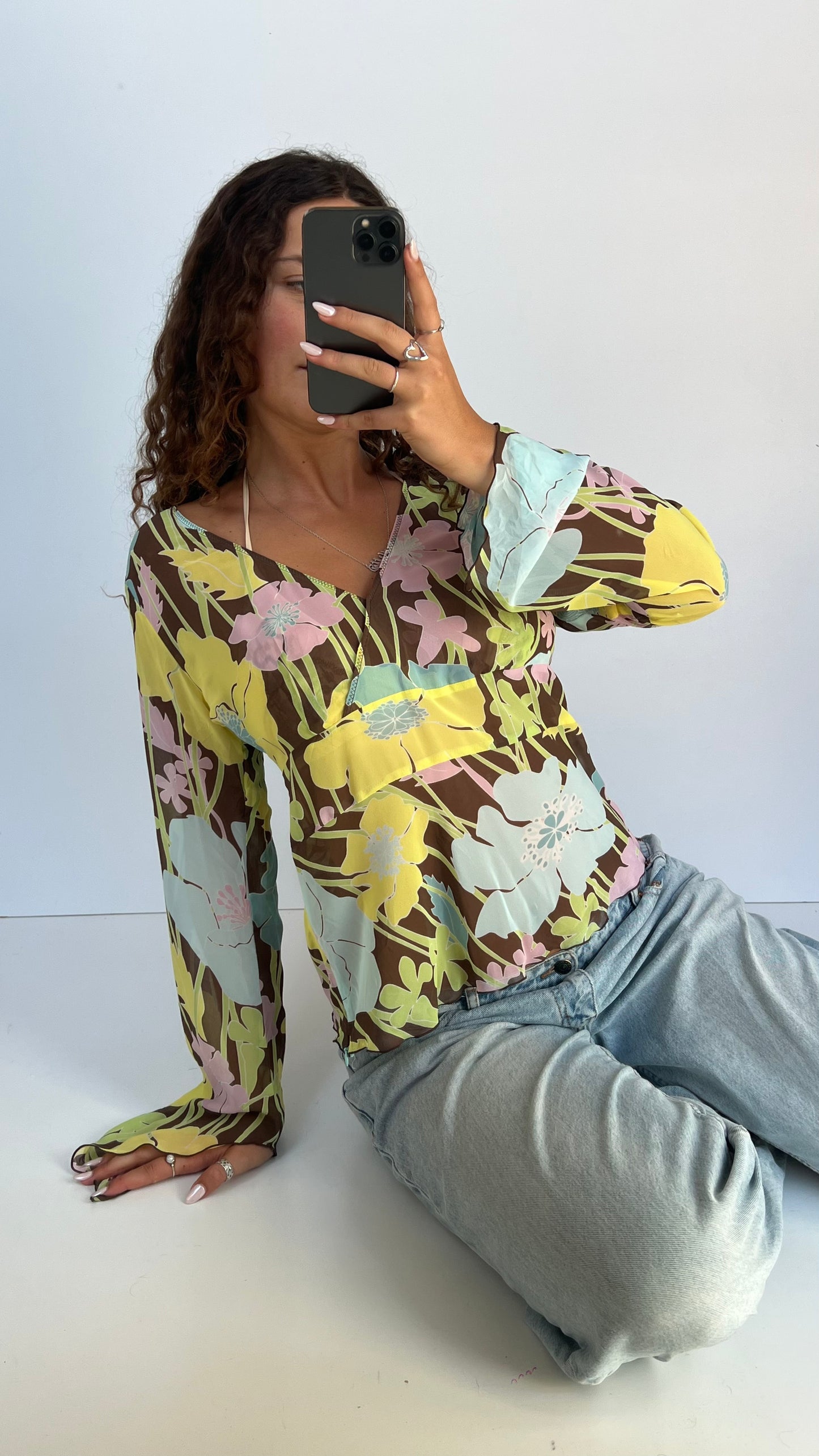 00s brown floral mesh top- size XL