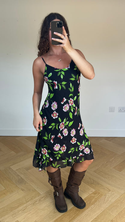 00s black floral midi dress- size M