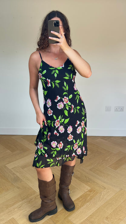 00s black floral midi dress- size M