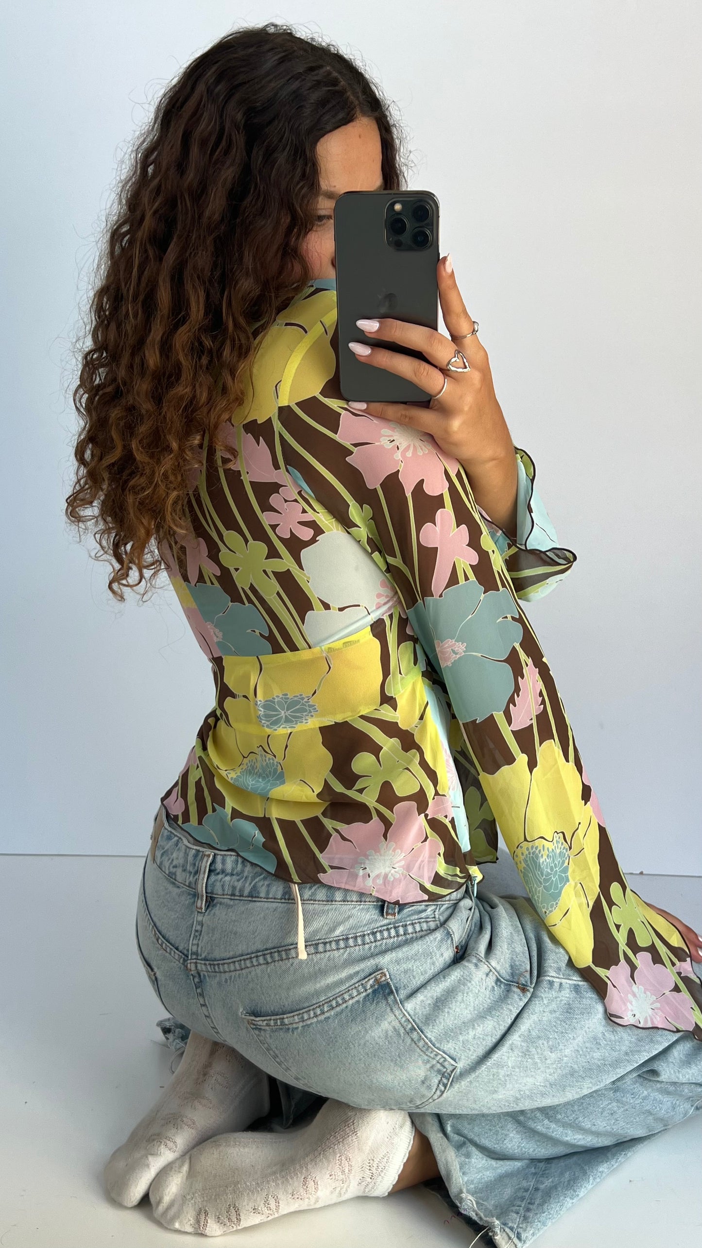 00s brown floral mesh top- size XL