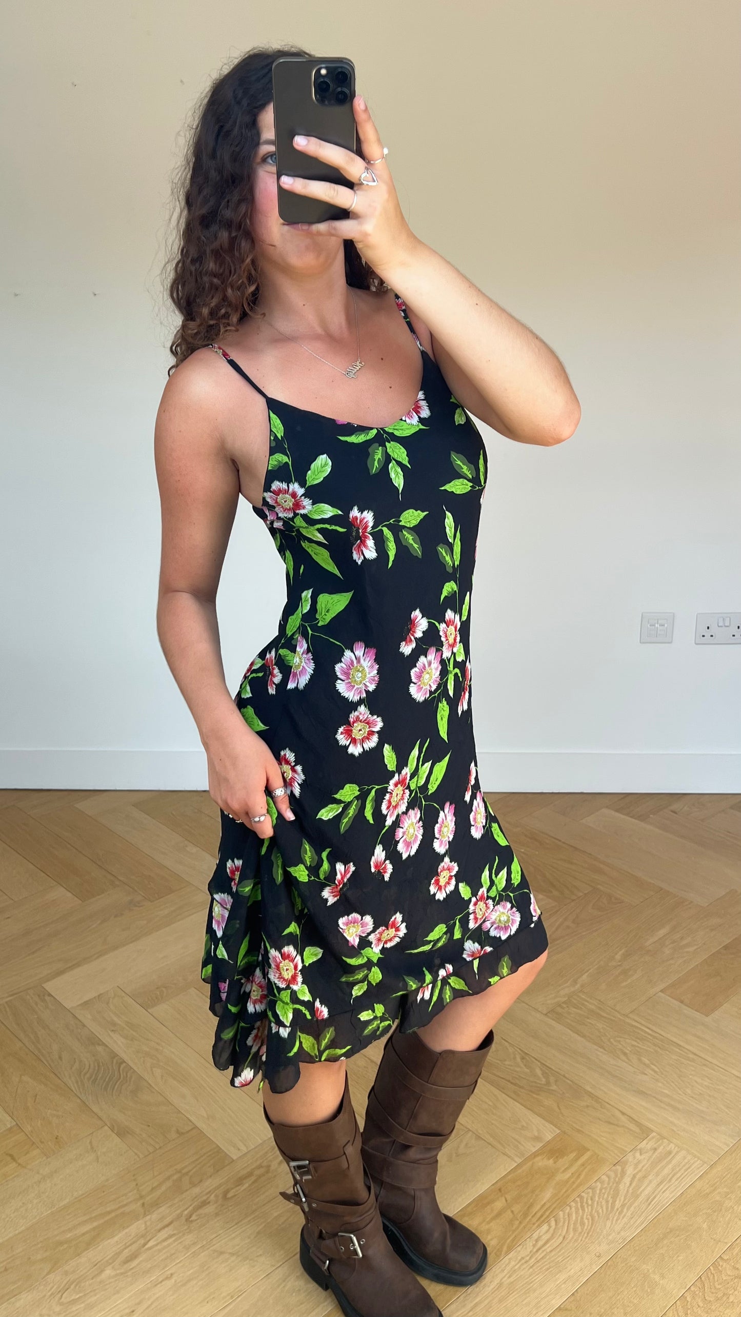 00s black floral midi dress- size M