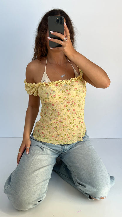 00s yellow floral mesh top- size L