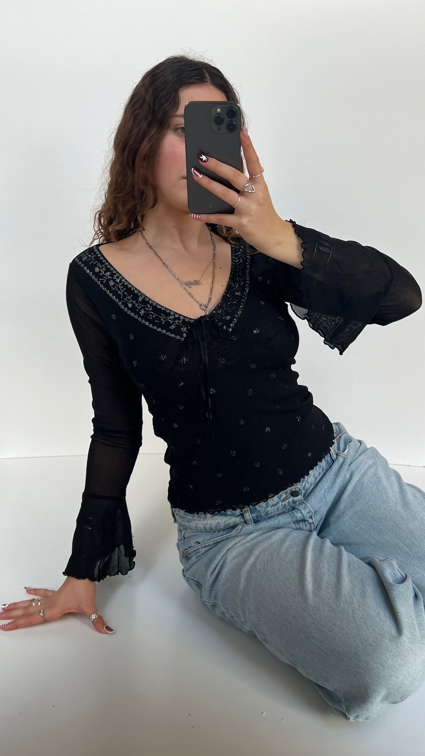 00s black mesh long sleeve top- size M