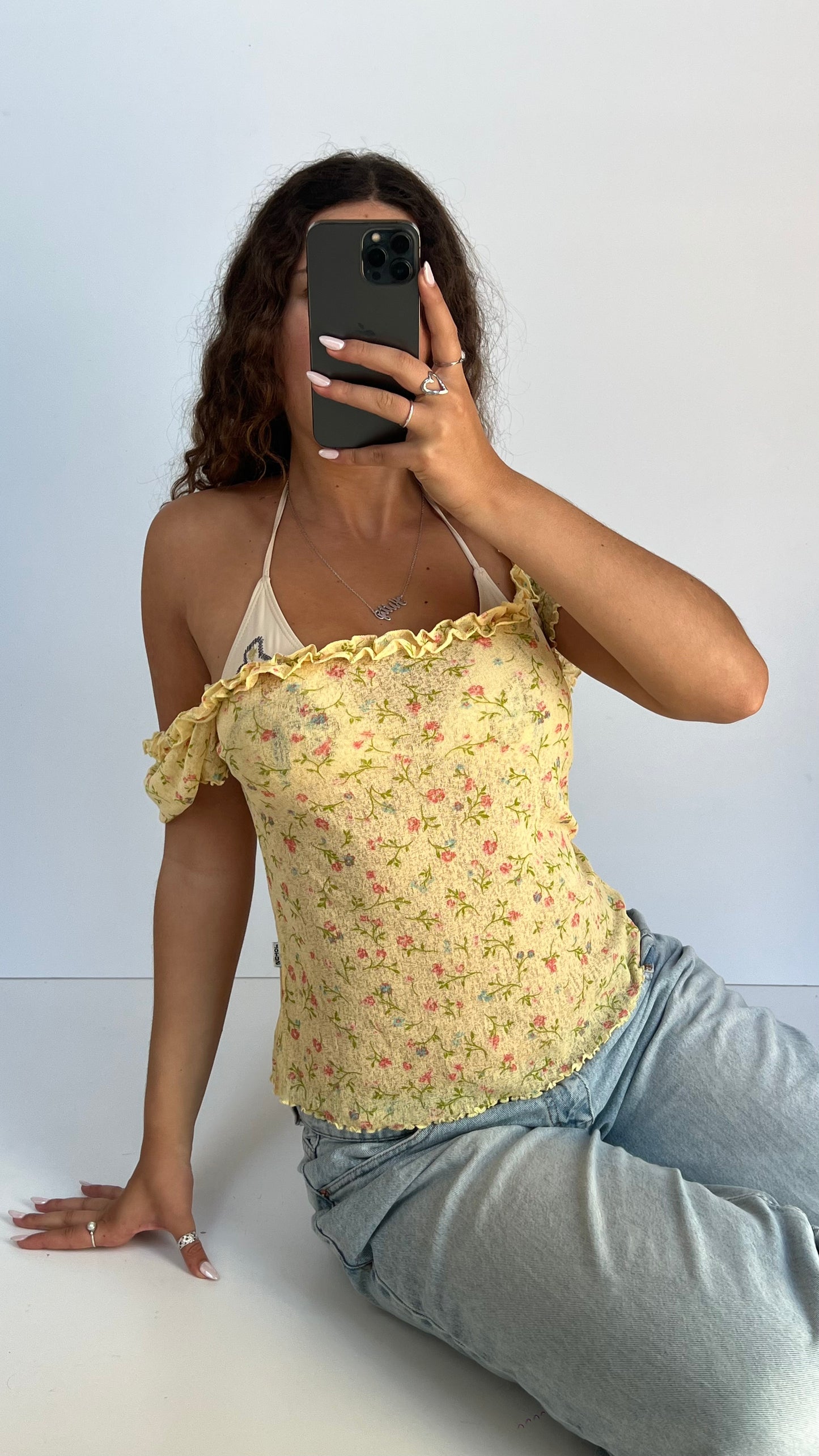 00s yellow floral mesh top- size L