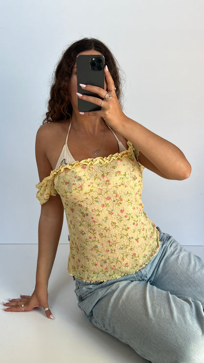 00s yellow floral mesh top- size L