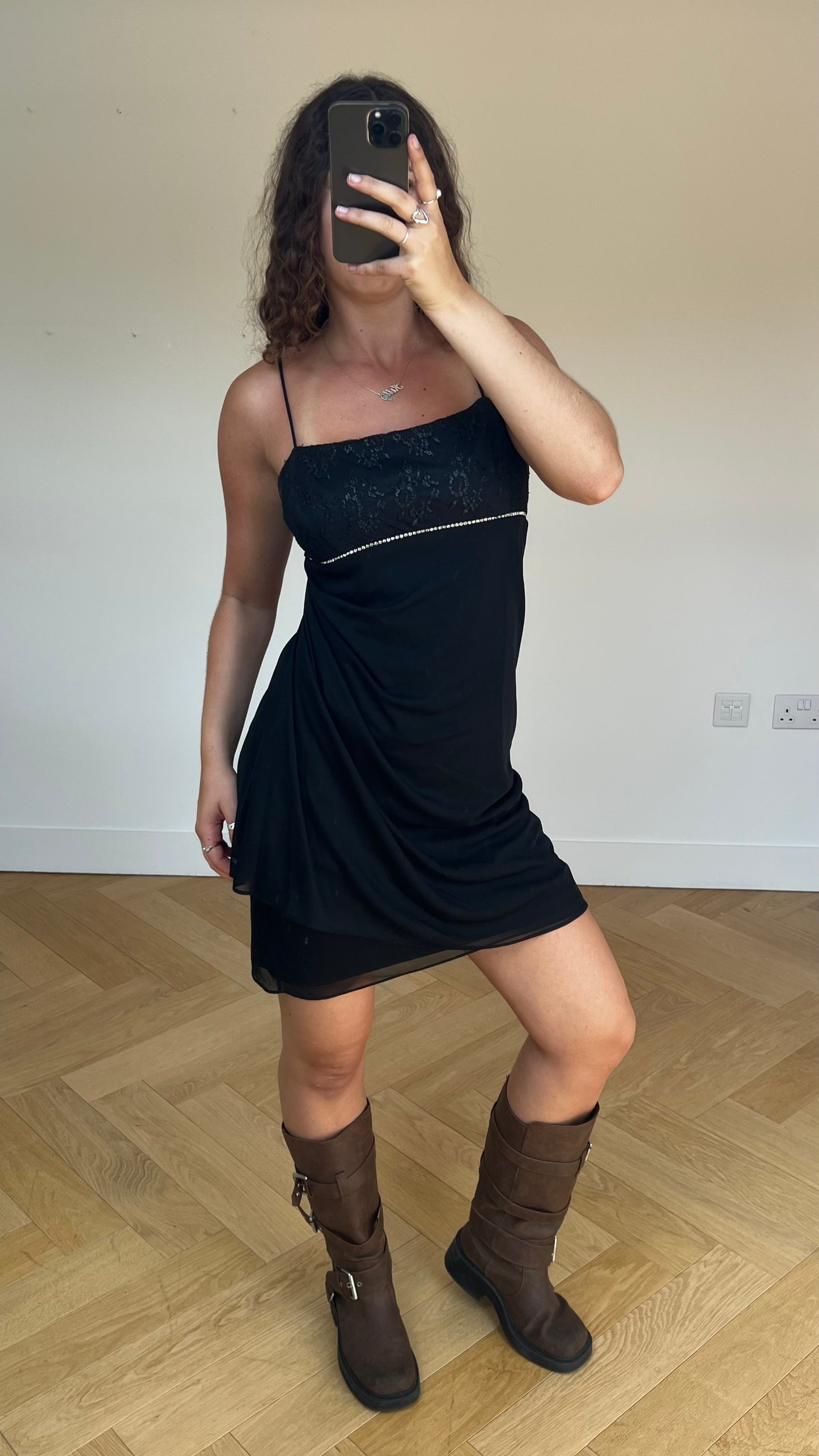 00s black mesh lace mini dress- size L