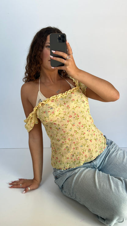 00s yellow floral mesh top- size L