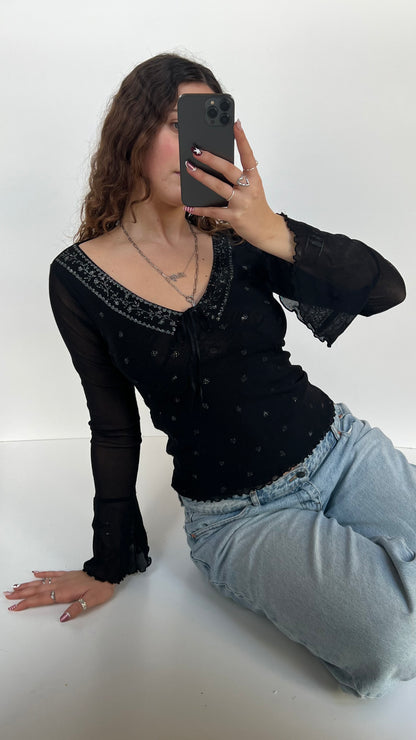 00s black mesh long sleeve top- size M