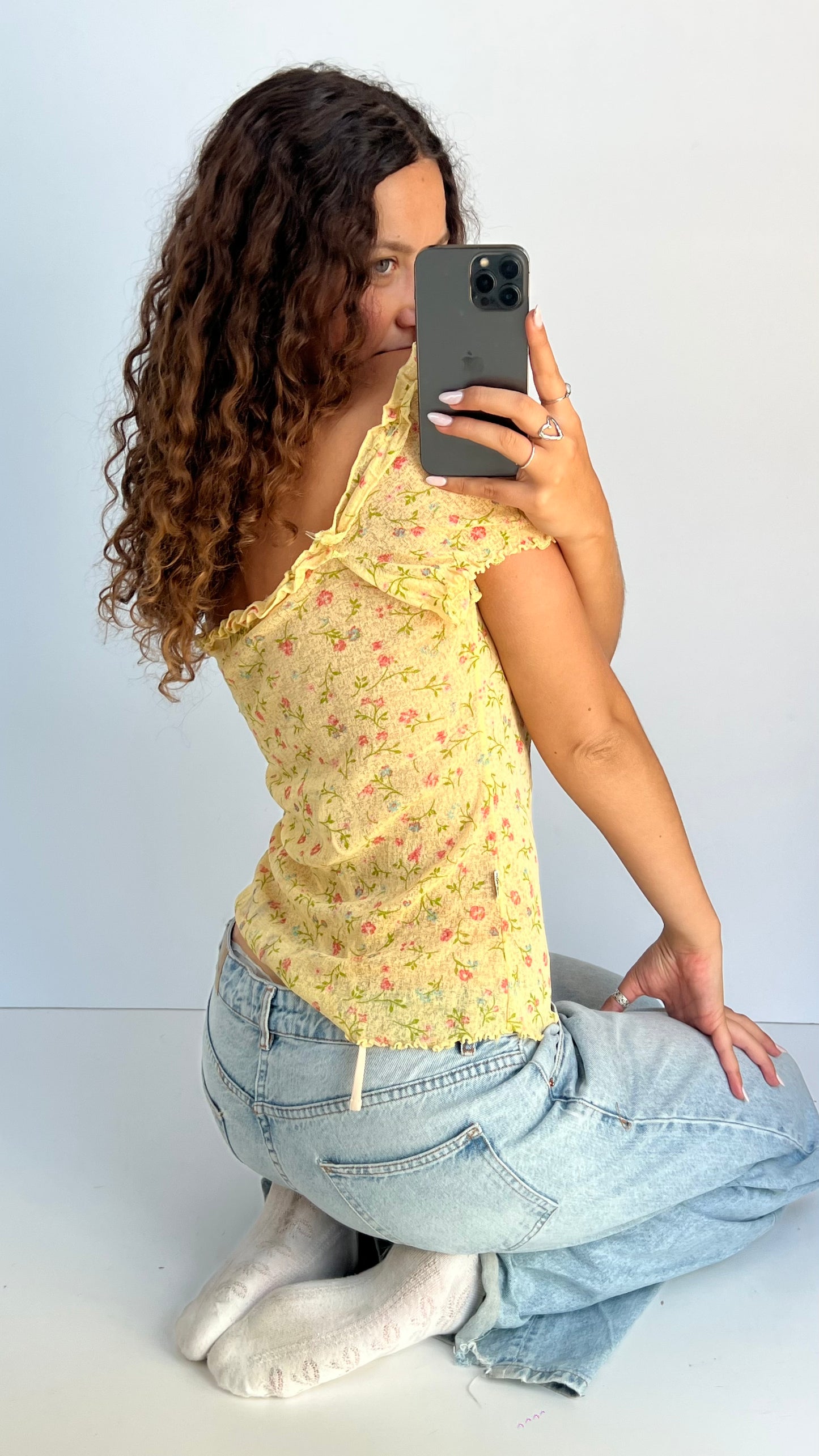 00s yellow floral mesh top- size L