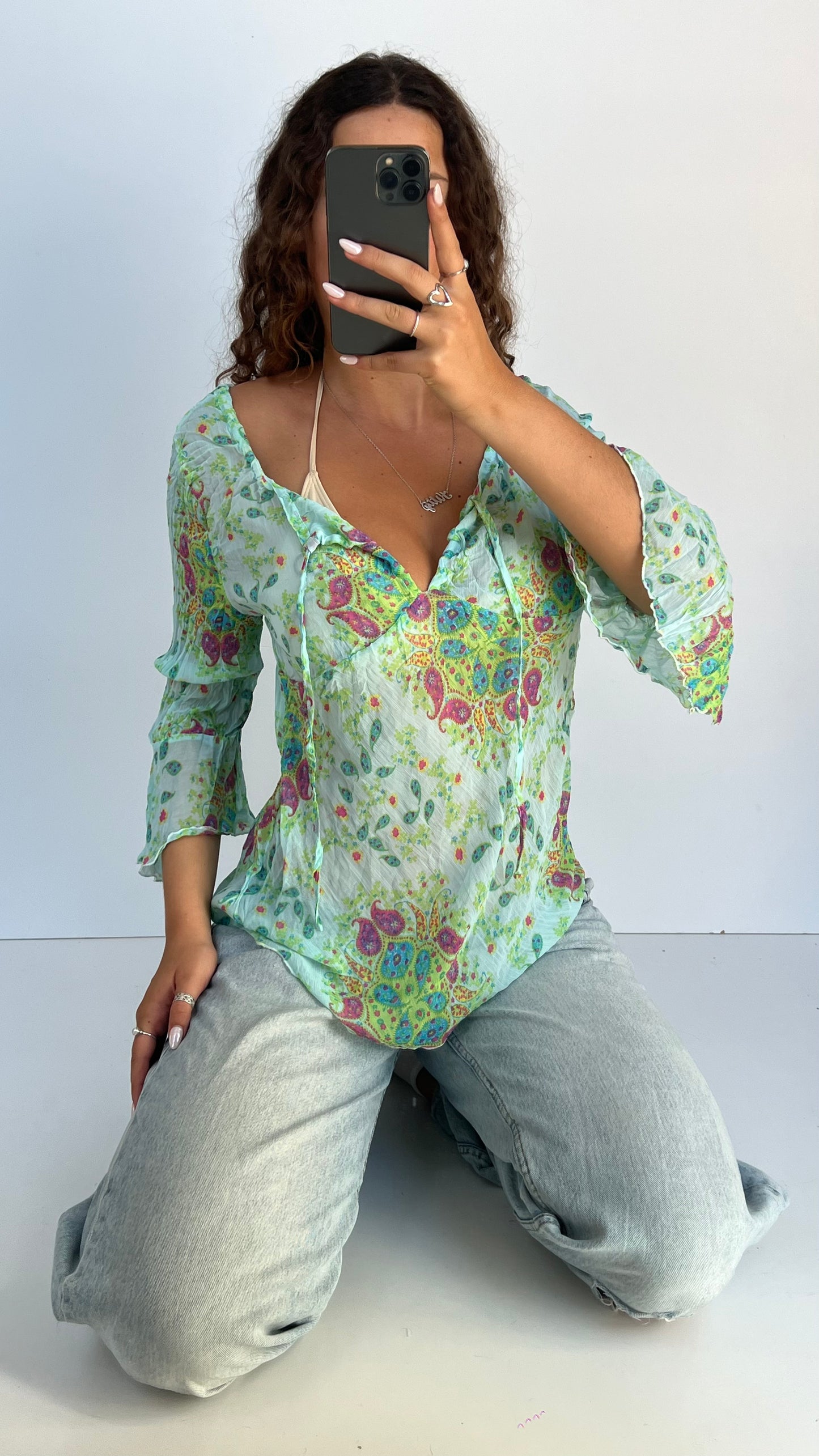 00s blue paisley mesh top- size XL