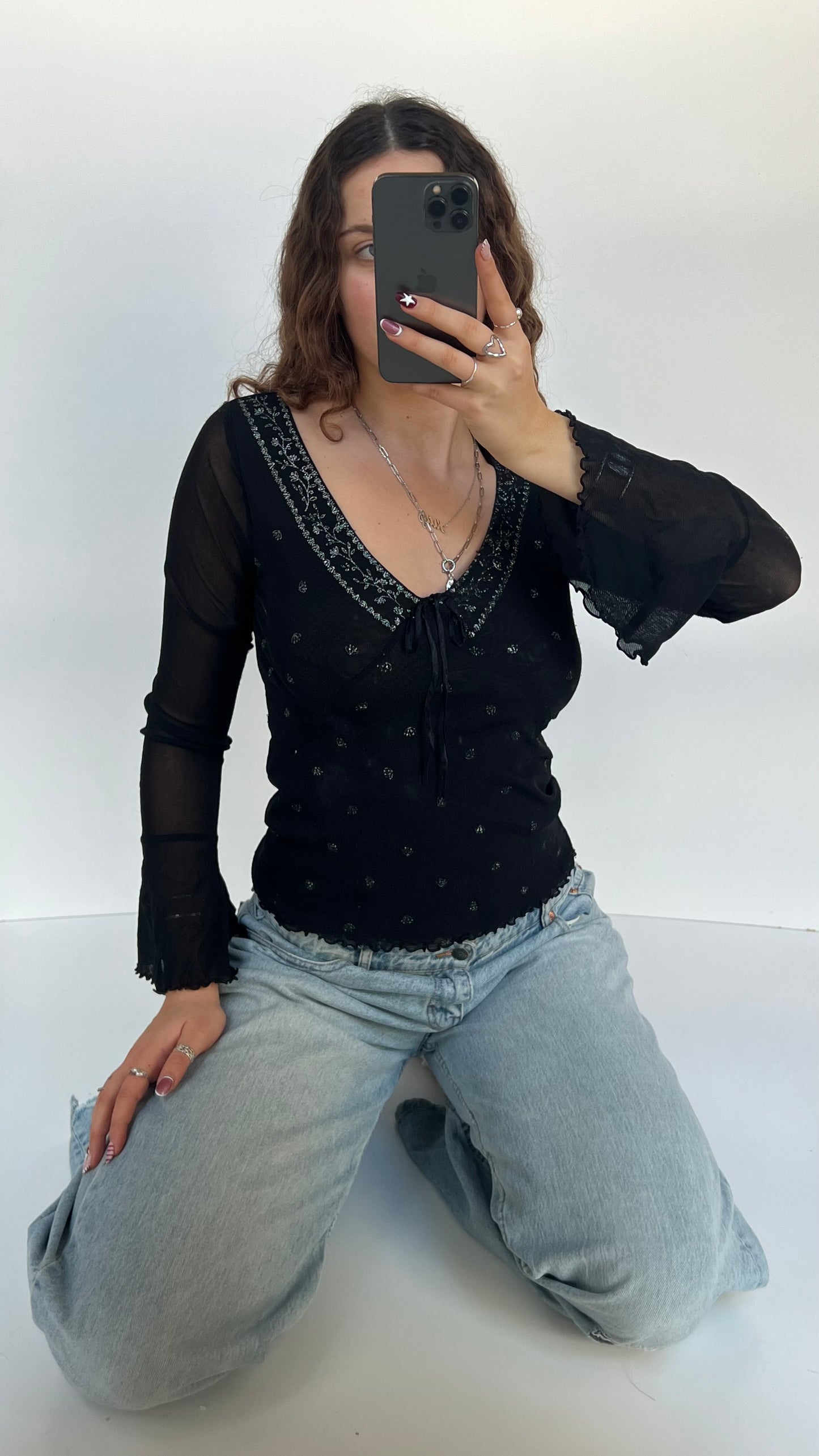 00s black mesh long sleeve top- size M