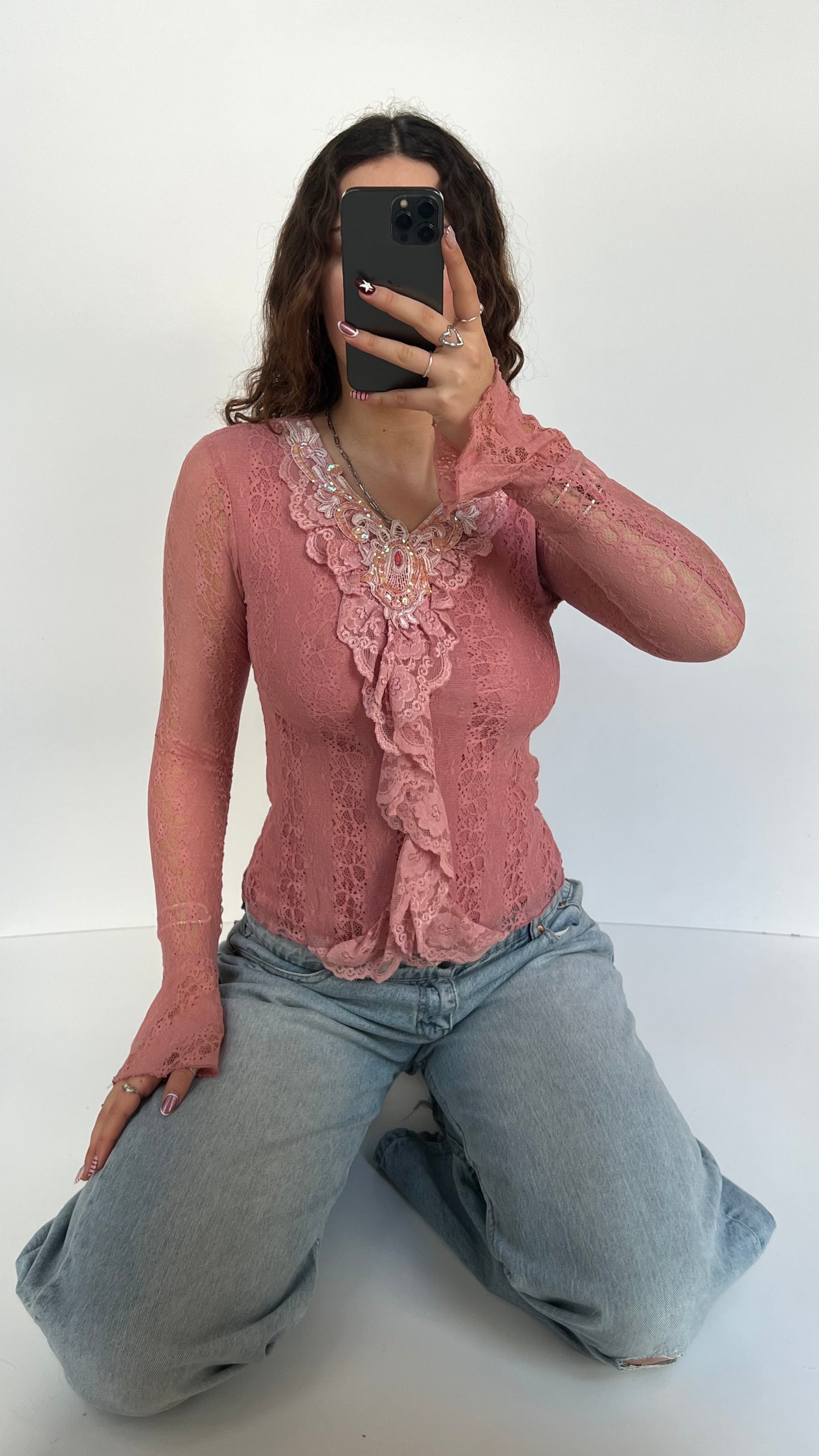 00s pink lace long sleeve top- size S