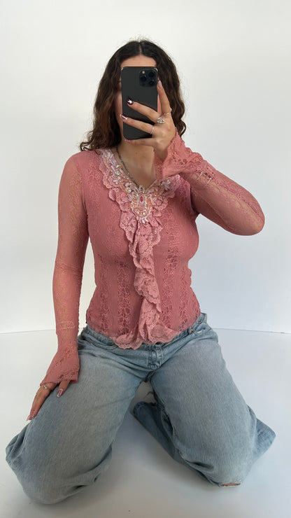00s pink lace long sleeve top- size S