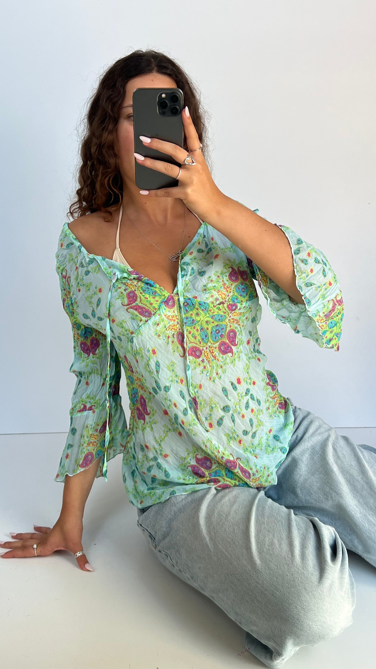 00s blue paisley mesh top- size XL