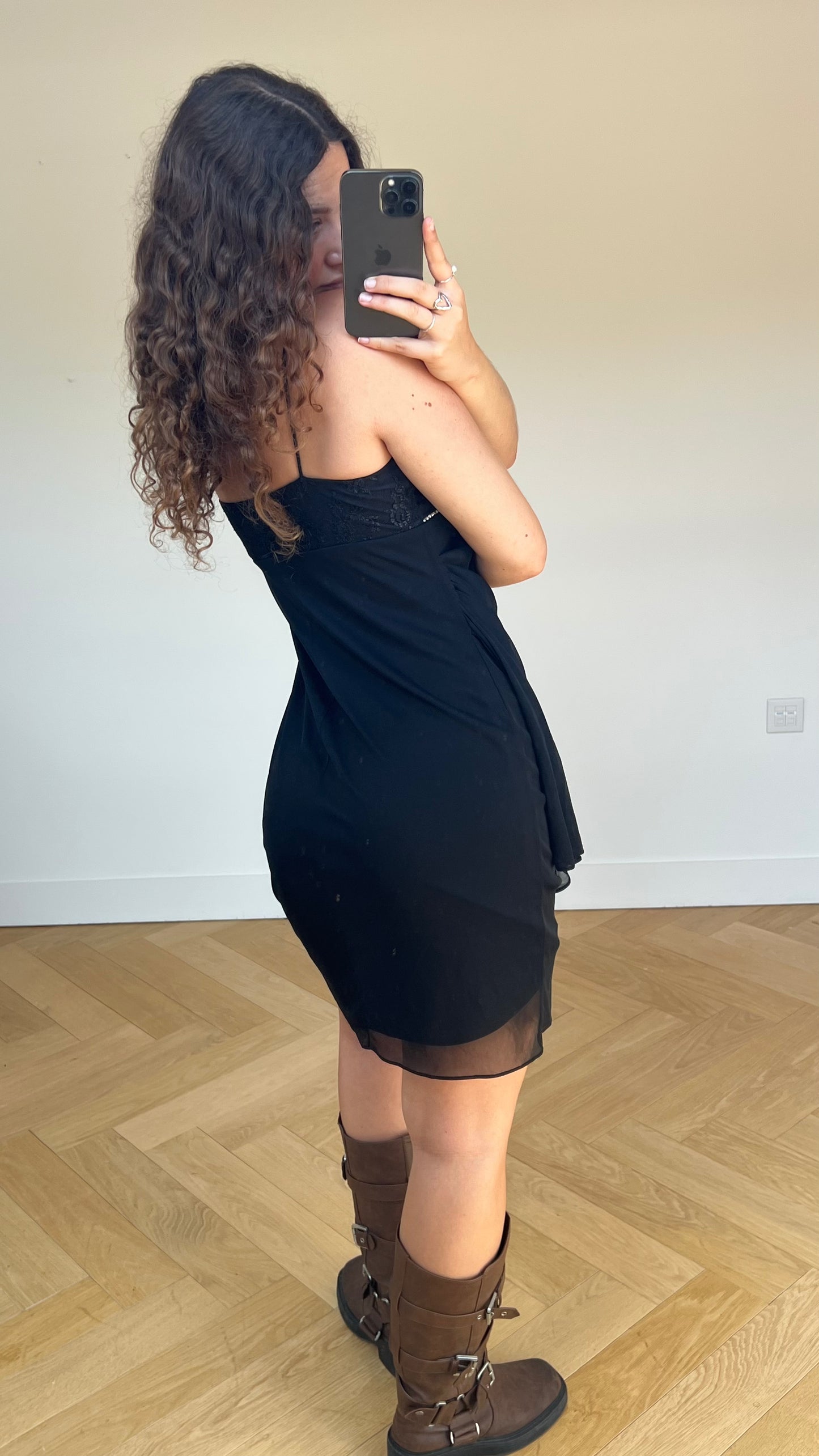 00s black mesh lace mini dress- size L