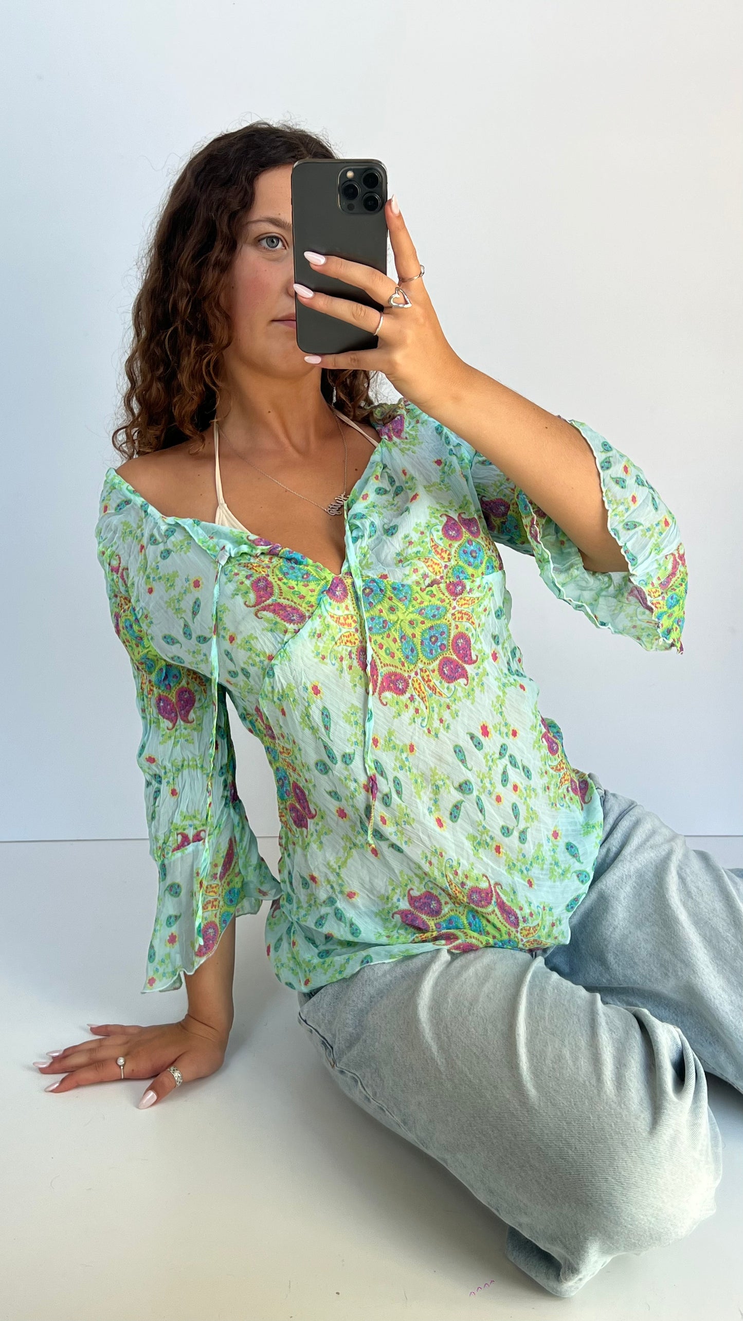 00s blue paisley mesh top- size XL
