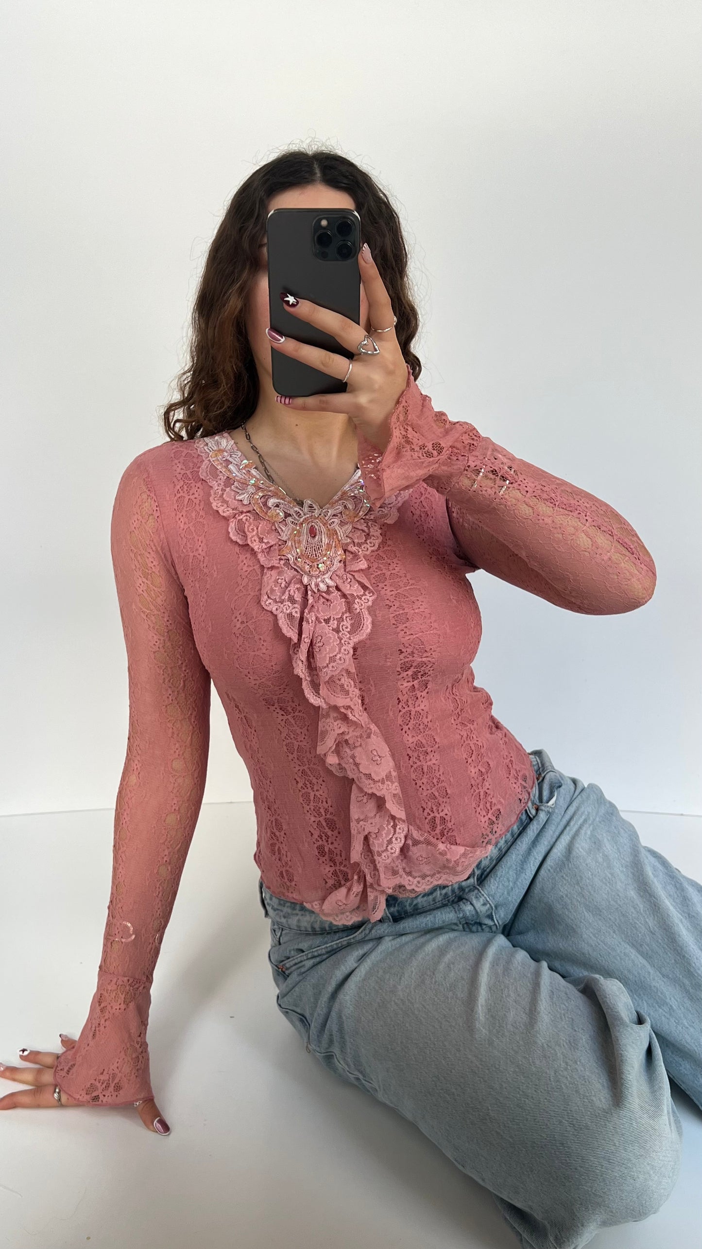 00s pink lace long sleeve top- size S