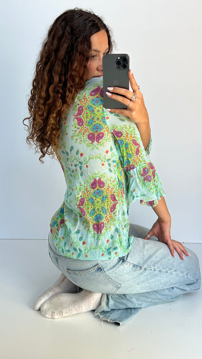 00s blue paisley mesh top- size XL