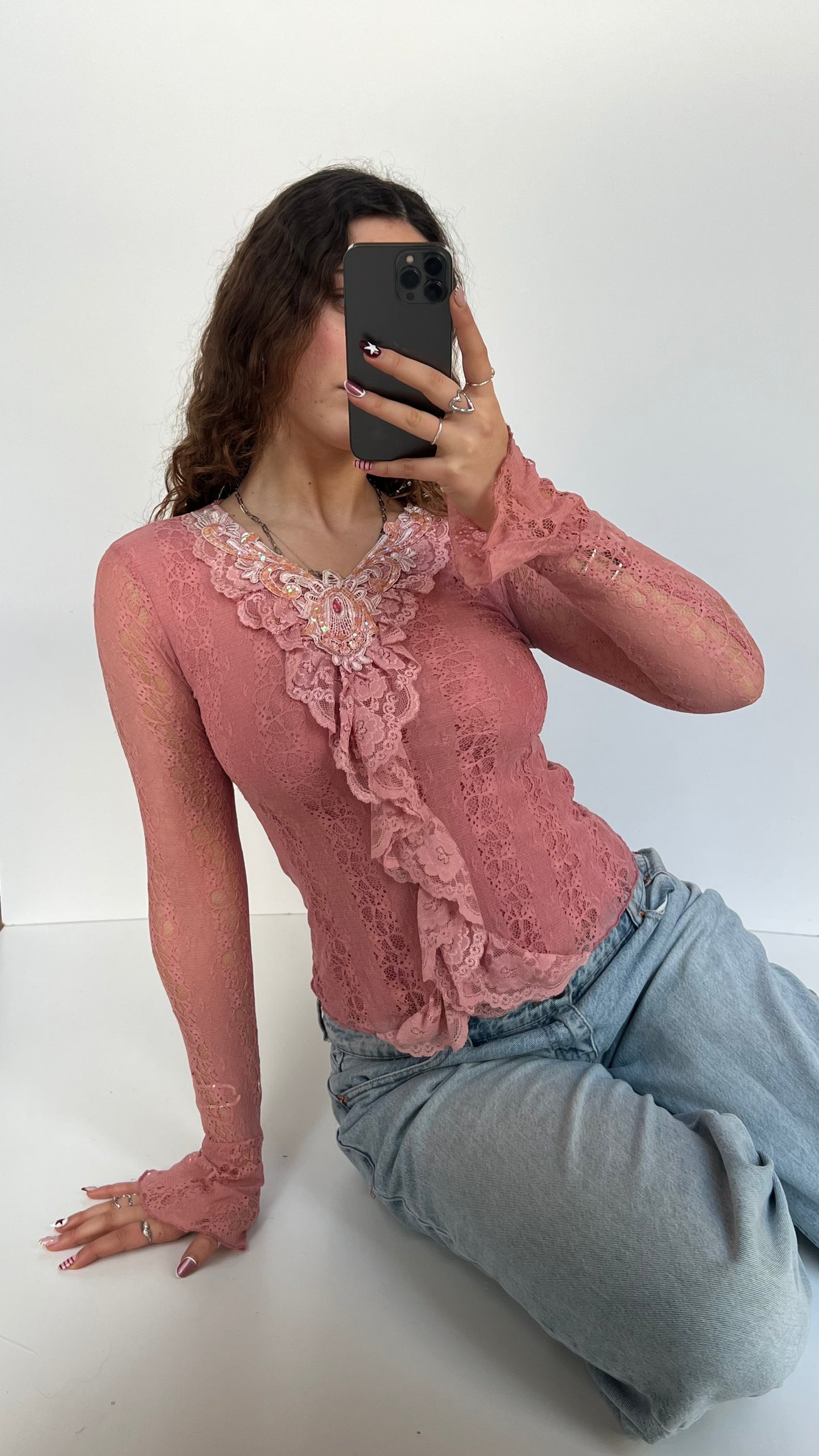00s pink lace long sleeve top- size S
