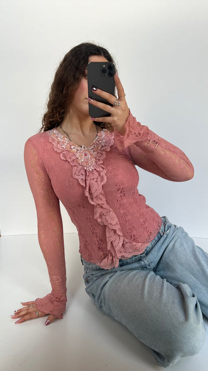 00s pink lace long sleeve top- size S