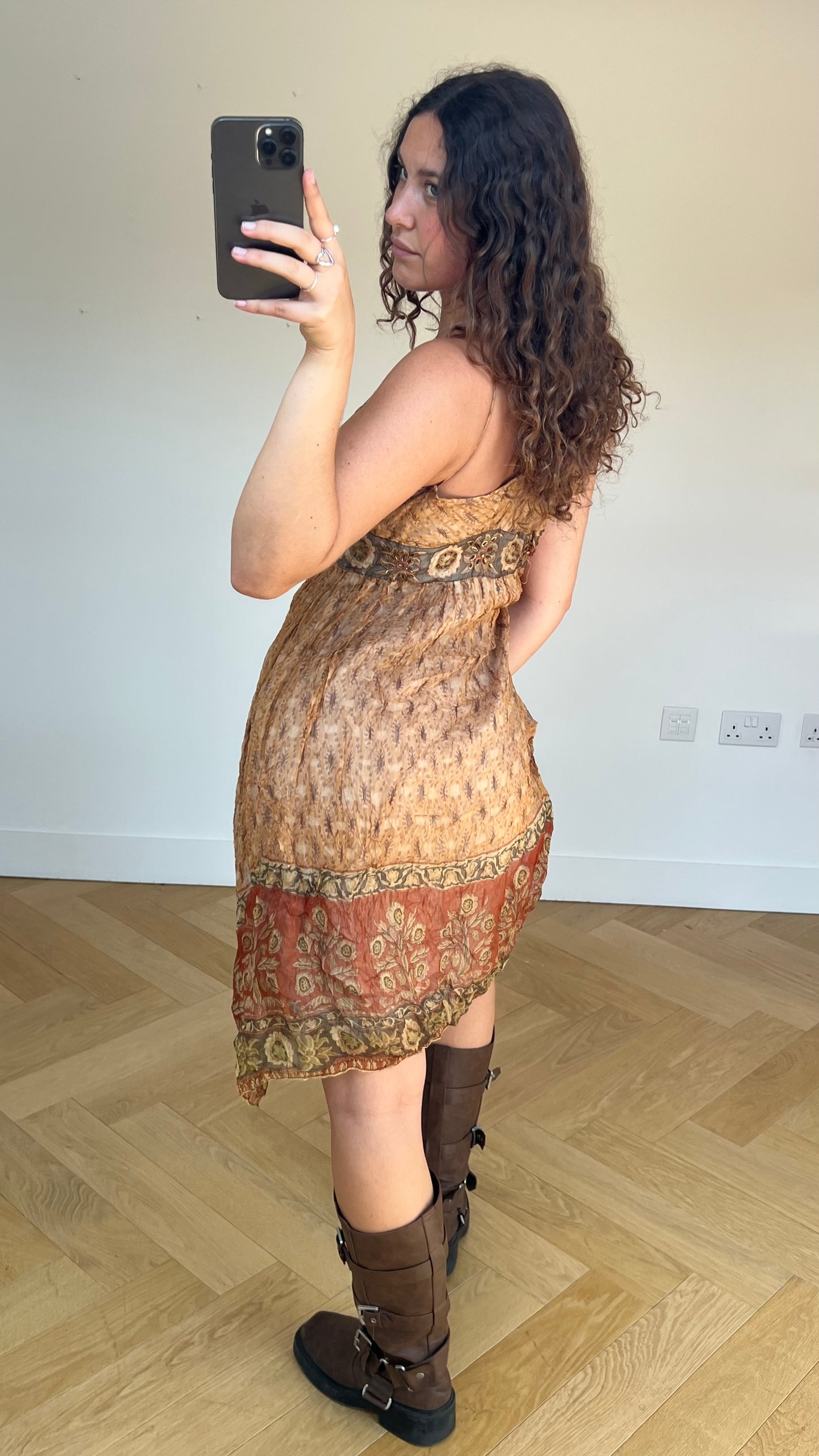 00s brown boho midi dress- size S